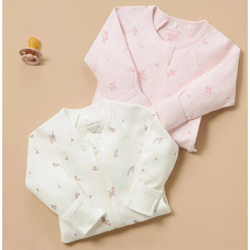 Purebaby Pale Pink Blossom Zipsuit 2-Pack