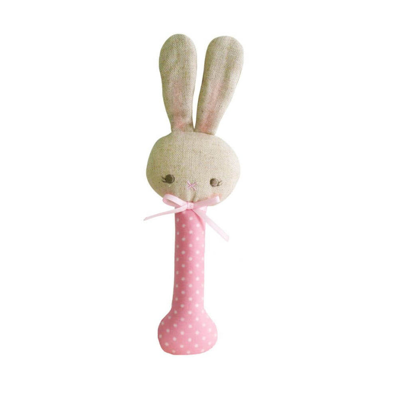 Alimrose Pink/White Spot Bunny Stick Rattle-baby_gifts-toy_shop-Mornington_Peninsula-Australia