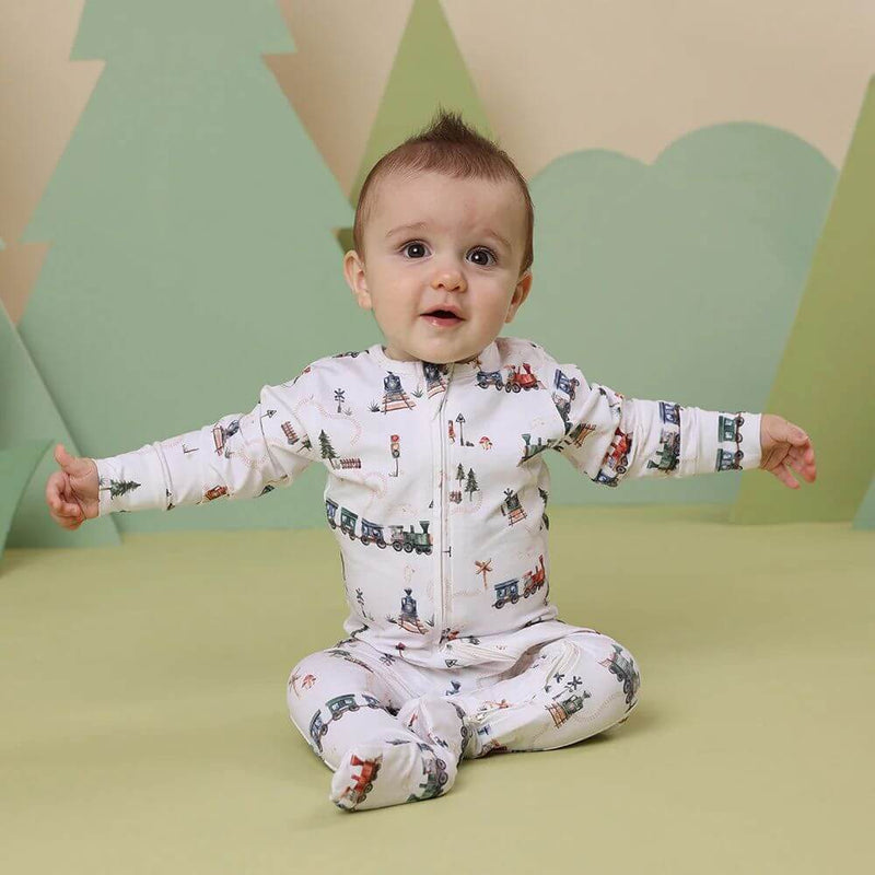 Snuggle Hunny Trains Footed Zip Romper-best_baby_gifts-toy_shop-Mornington_Peninsula-Australia